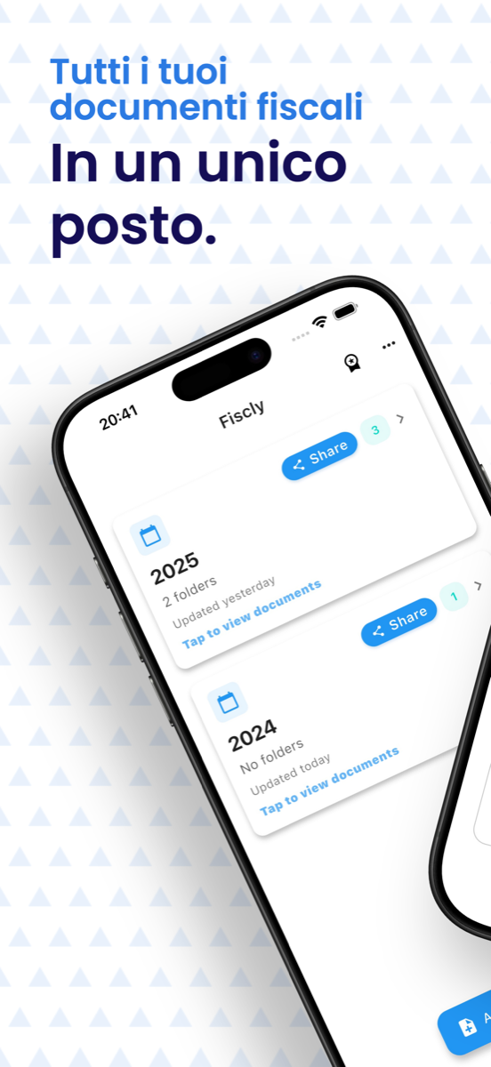 Mockup iPhone dell’app Fiscly con documenti fiscali organizzati per anno.