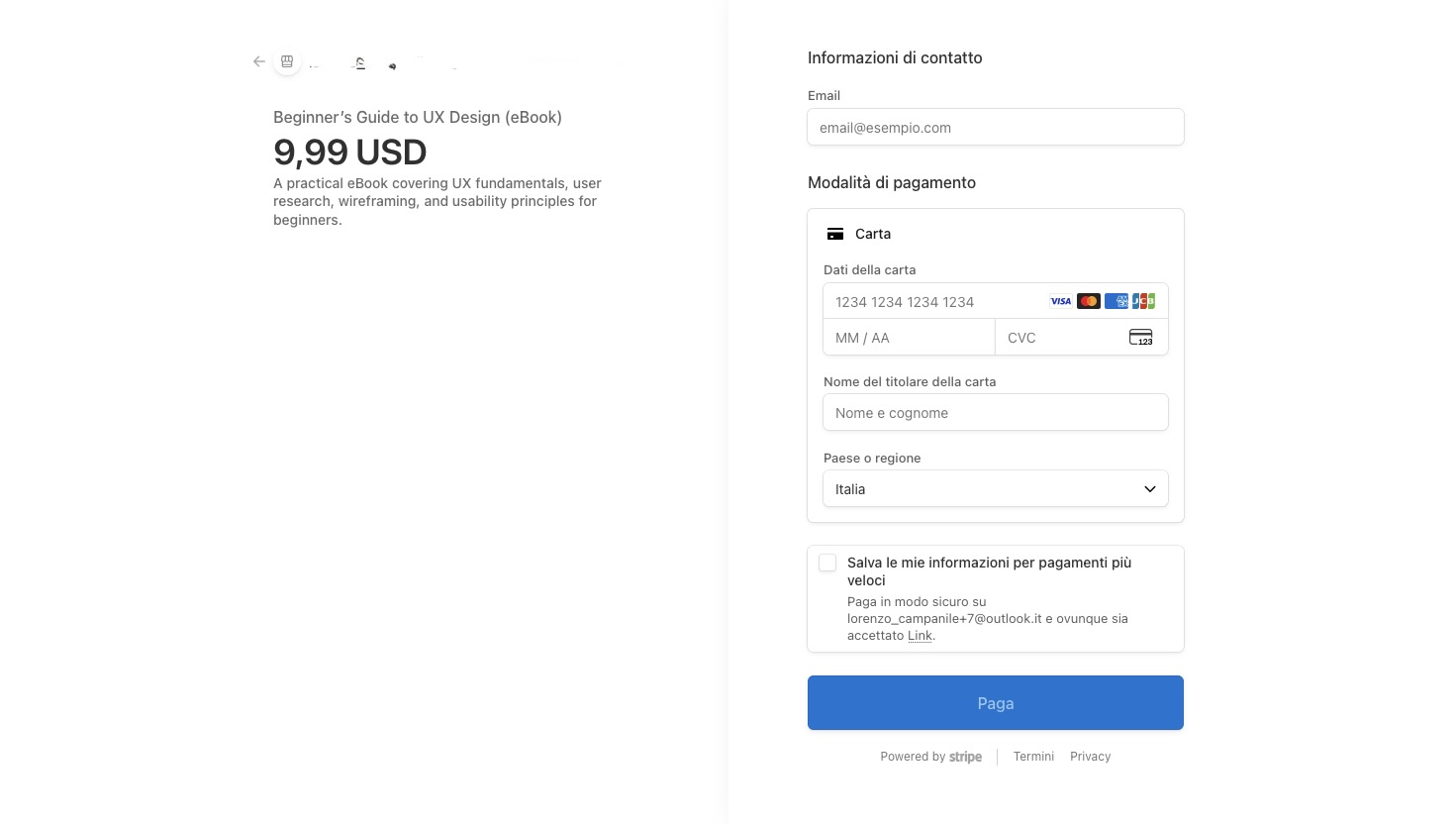 Anteprima del checkout Paydroply per l’acquisto di un prodotto digitale.