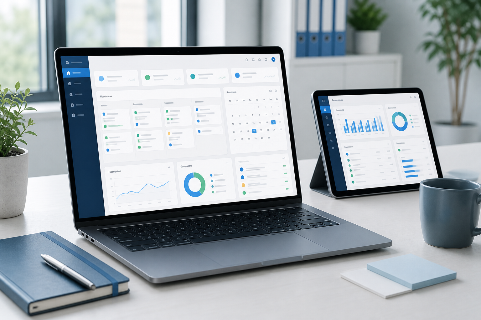Mockup di una dashboard aziendale su laptop e tablet con attività, scadenze e report.